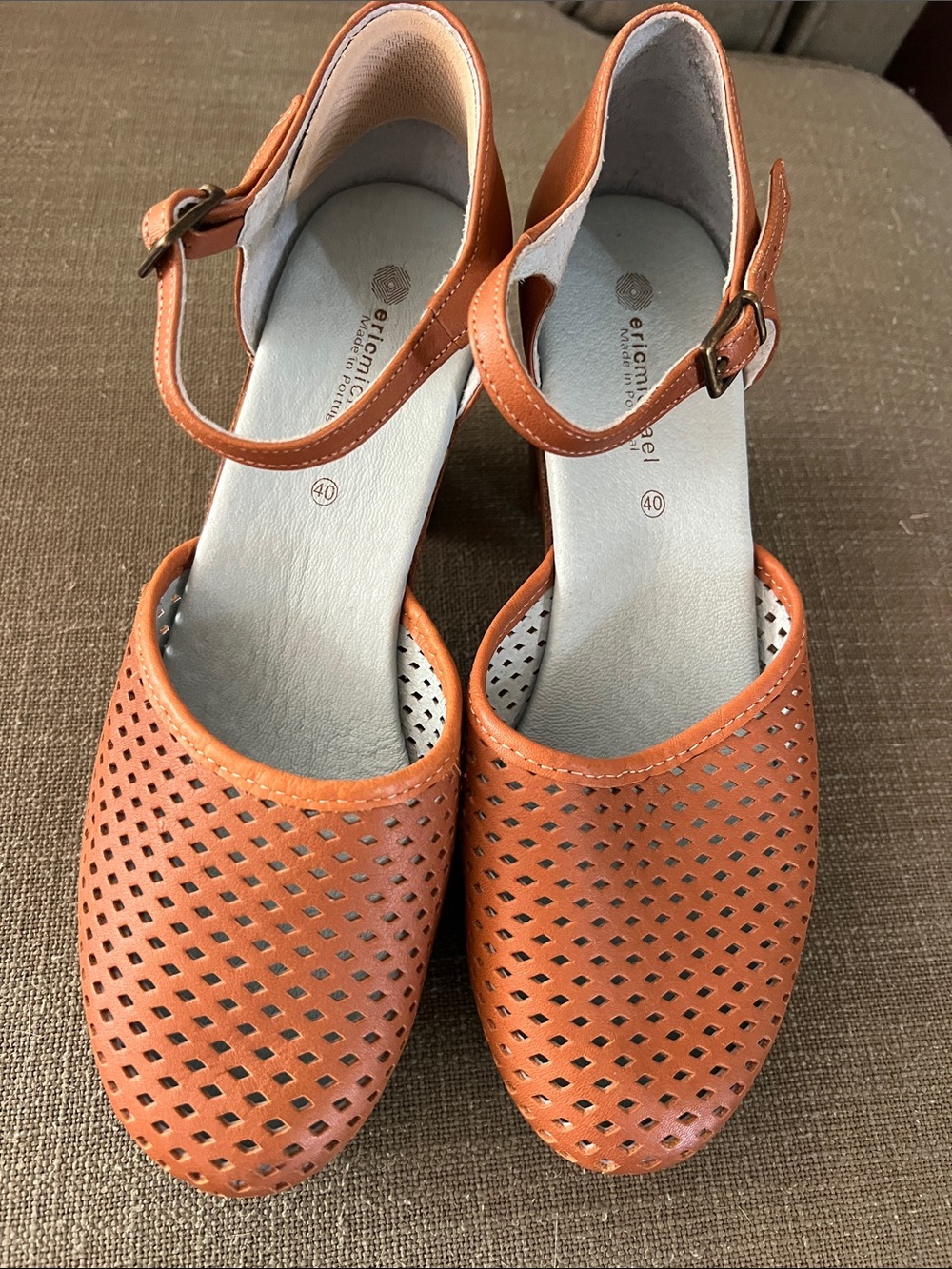 Eric Michael Perforated Tan Leather Platform Heels